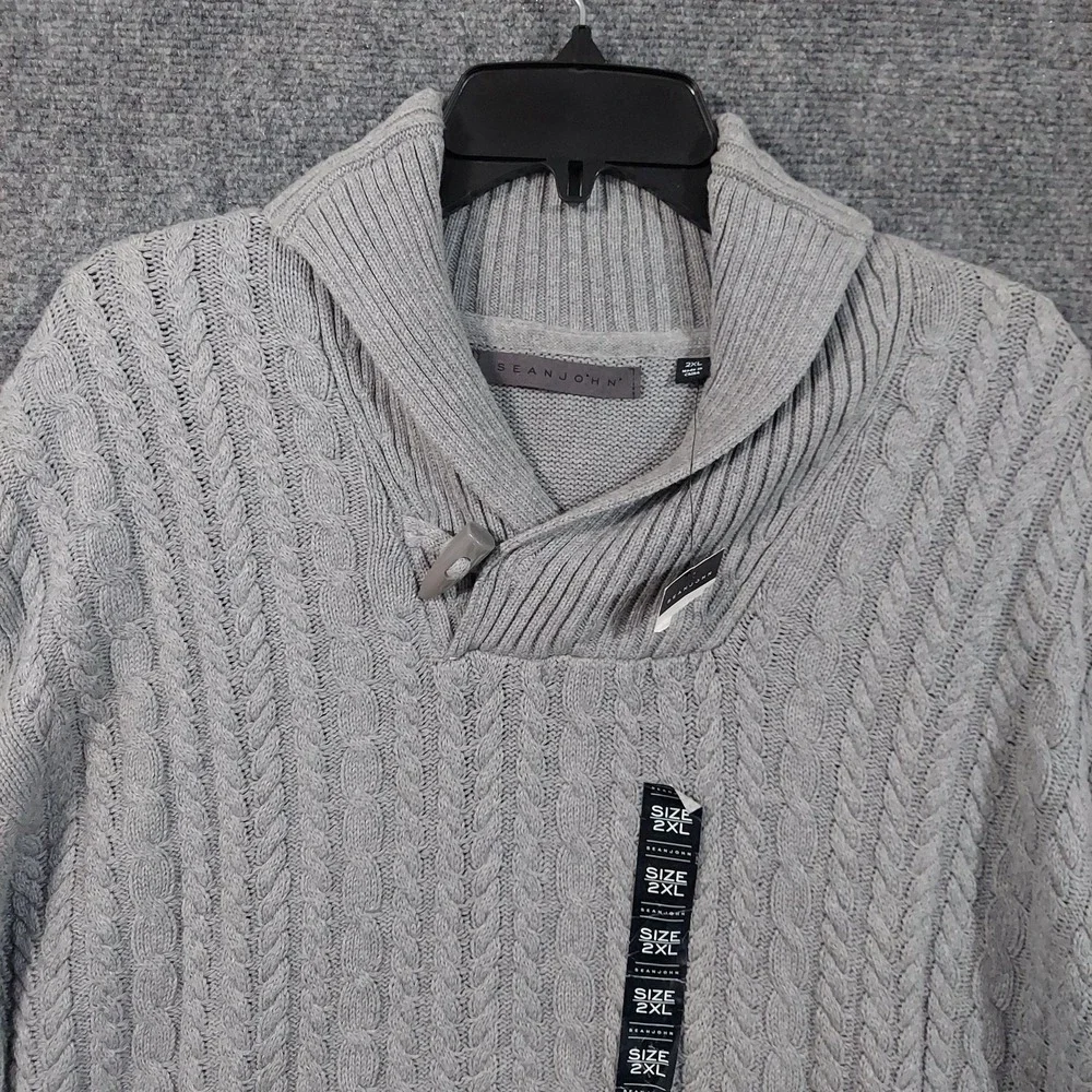 Sean John Sweater Mens 2XL Gray‎ Cable Knit Ribbed Shawl Collar Toggle Pullover